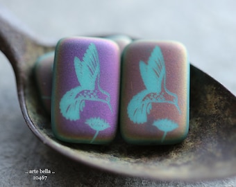 TURQUOISE HUMMINGBIRD REX  .. New 4 Premium Matte Czech Glass Laser Etched Hummingbird Rectangle Bead Mix 19x12mm (10467-4)