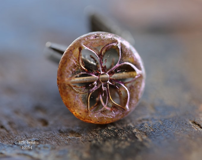 last ones .. EARTHY PINK BLOOMS .. 4 Premium Picasso Czech Glass Flower Coin Beads 18mm (10164-4)