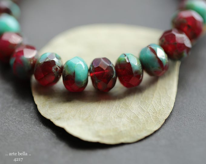 TURQUOISE RASPBERRIES .. 25 Premium Picasso Czech Glass Faceted Rondelle Beads 6x9mm (4217-st) .. jewelry supplies