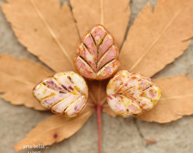 New .. RASPBERRY CREAM LEAVES .. 10 Premium Picasso Czech Glass Petite Leaf Bead Mix 10x8mm (11297-10) .. jewelry making supplies