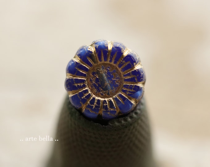 GOLDEN BLUE SUNFLOWERS .. 6 Premium Czech Glass Flower Beads 13mm (9929-6) .. jewelry supplies
