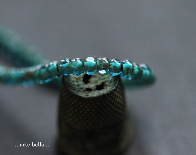 AQUA BEACH SEEDS .. 50 Premium Picasso Czech Glass Faceted Seed Bead Size 6/0 (9739-st) .. jewelry supplies
