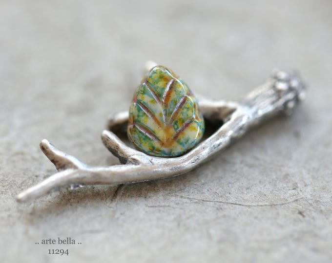 New .. BLUEBERRY CREAM LEAVES .. 10 Premium Picasso Czech Glass Petite Leaf Bead Mix 10x8mm (11294-10) .. jewelry making supplies