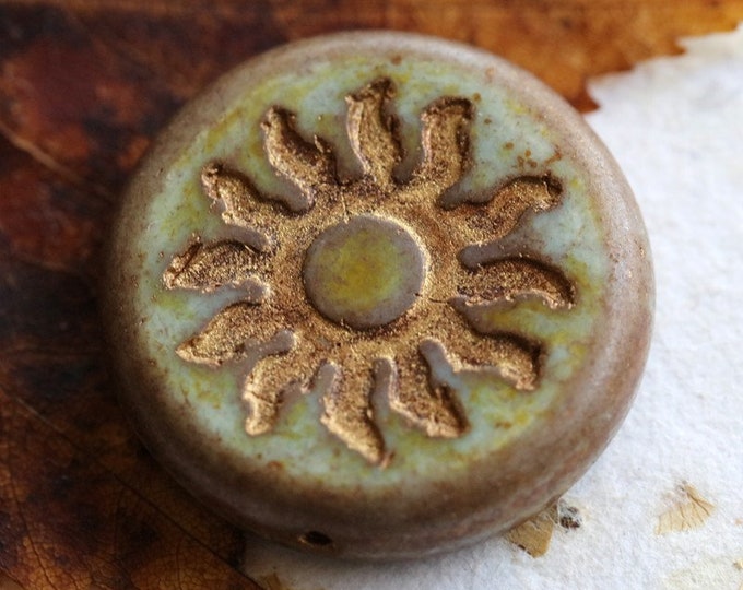 back in stock .. Bronze SPRING MEADOW RAYS .. 2 Premium Picasso Czech Glass Sun Coin Bead Mix 22mm (7631-2) .. jewelry supplies
