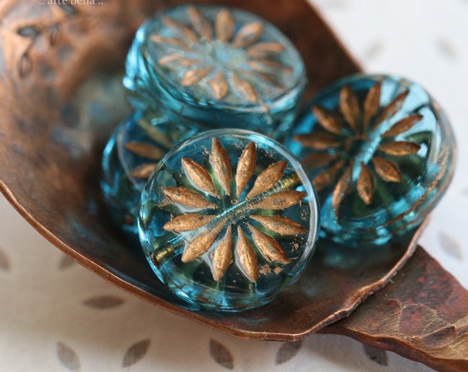 BRONZED AQUA ASTER .. 6 Premium Czech Glass Aster Flower Coin Beads 12mm (8678-6)