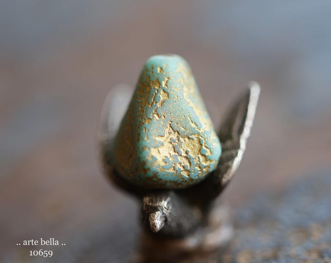 Rustic GOLDEN TURQUOISE PEAKS .. 6 Premium Etched Czech Glass Old Style Drop Beads 13x9mm (10659-6) .. jewelry supplies