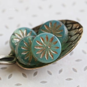 last ones .. PLATINUM AQUA ASTER Mix .. 6 Czech Glass Aster Flower Coin Beads 12mm (8677-6) .. jewelry supplies