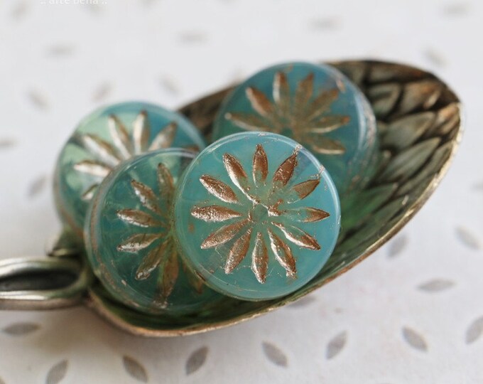 last ones .. PLATINUM AQUA ASTER Mix .. 6 Premium Czech Glass Aster Flower Coin Beads 12mm (8677-6) .. jewelry supplies
