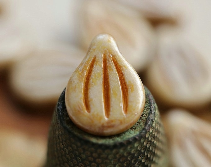 EARTHY BEIGE PIPS .. 10 Premium Picasso Czech Glass Large Engraved Pip Beads 9x14mm (8986-10)