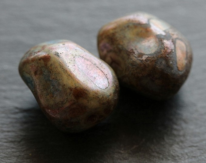 BRONZED BLUE NUGGETS .. 2 Premium Picasso Czech Glass Nugget Beads 19x16mm (8237-2)