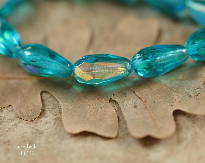 New .. MYSTIC AQUA DROPS .. 10 Premium Czech Glass Faceted Melon Drop Beads 15x8mm (11550-st) .. jewelry supplies