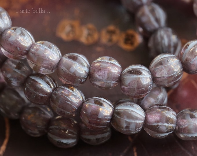 back in stock .. LAVENDER THISTLE MELONS .. 25 Premium Picasso Large Hole Czech Glass Melon Beads 6mm (7700-st) .. jewelry supplies