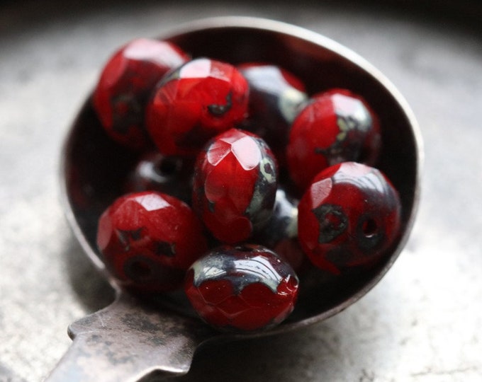 RED HOT POPS .. 25 Premium Picasso Czech Glass Faceted Rondelle Beads 5x7mm (7146-st) .. jewelry supplies