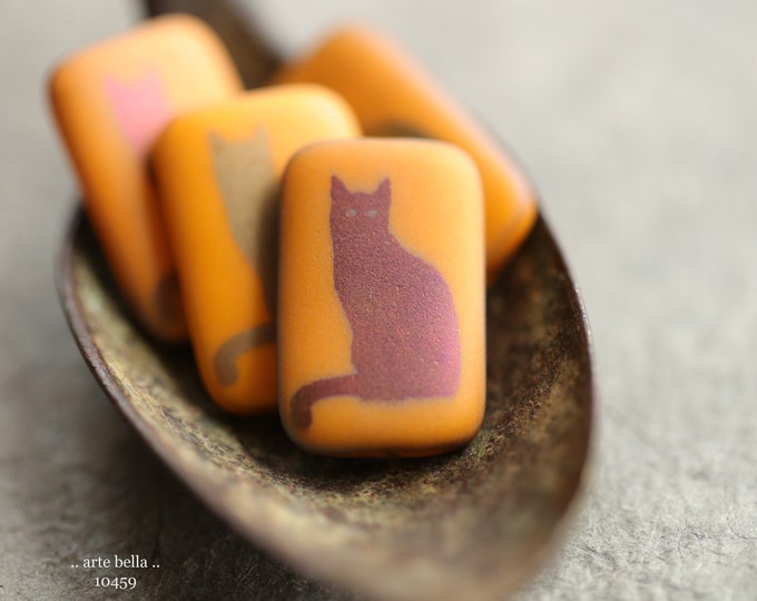 ORANGE CAT REX .. New 4 Premium Matte Czech Glass Laser Etched Cat Rectangle BeadMix 19x12mm (10459-4)