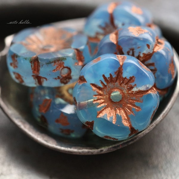 SKY COPPER PANSY .. 6 Premium Picasso Czech Glass Hibiscus Flower Beads 12mm (5464-6) .. jewelry supplies