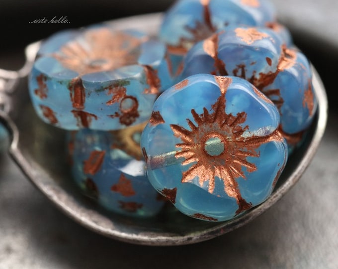 SKY COPPER PANSY .. 6 Premium Picasso Czech Glass Hibiscus Flower Beads 12mm (5464-6)