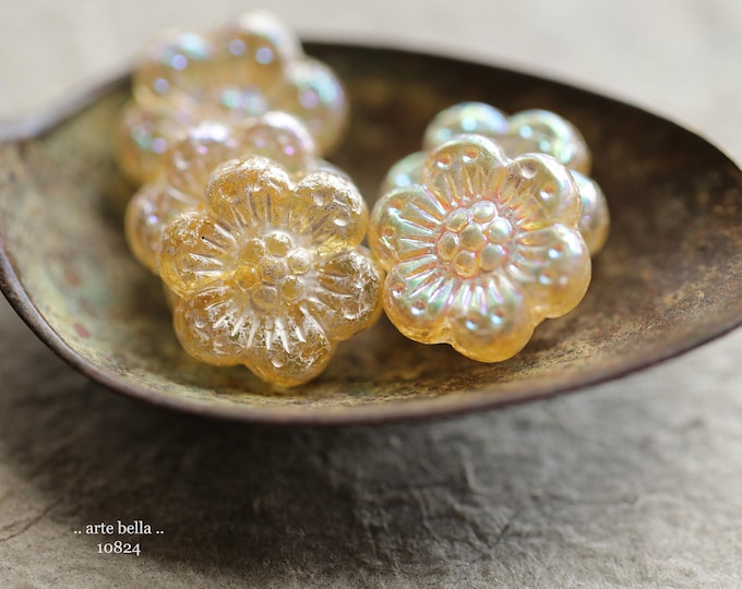 MYSTIC SILVERED HONEY Roses .. 6 Premium Rustic Czech Glass Wild Rose Beads 14mm (10824-6) .. jewelry supplies