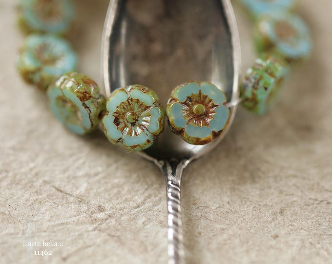 New .. EARTHY LAGOON PANSY .. 12 Premium Picasso Czech Glass Hibiscus Flower Bead Mix 9mm (11463-st) .. jewelry supplies
