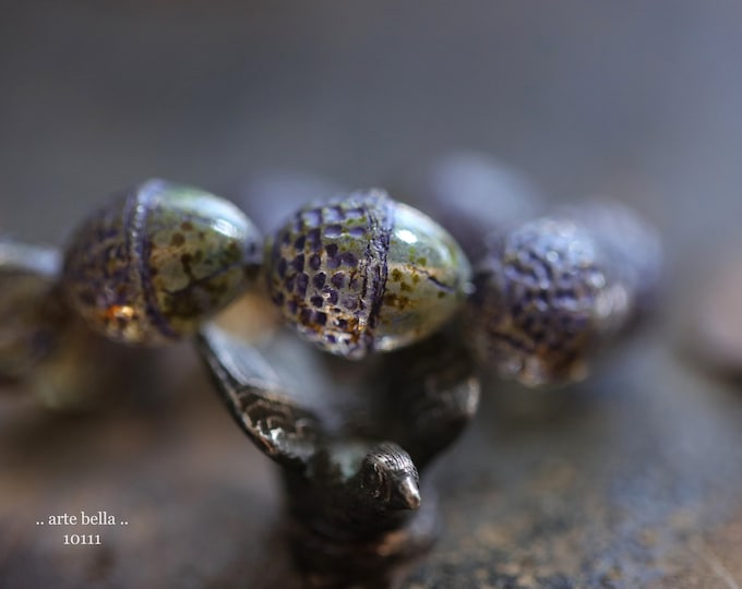 back in stock .. EARTHY PURPLE ACORNS .. 8 Premium Picasso Czech Glass Acorn Beads 12x10mm (10111-st) .. jewelry supplies