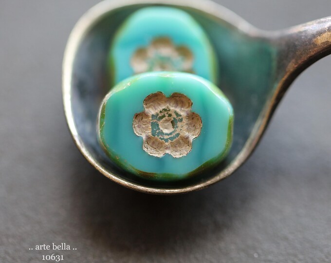 last ones .. RUSTIC TURQUOISE BLOOMS .. 6 Premium Picasso Czech Glass Oval Flower Beads 14x11mm (10631-6) .. jewelry making supplies