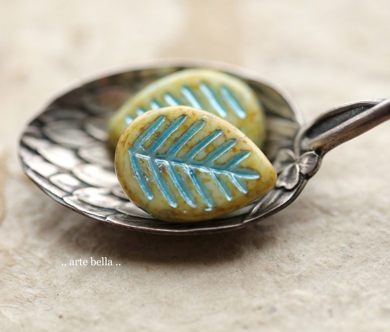 BLUE CREAM LEAVES .. 8 Premium Picasso Czech Glass Dogwood Leaf Beads 16x12mm 5985-8 image 4