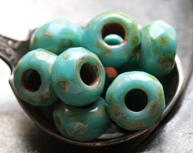 premium glass beads .. TURQUOISE TEAL ROLLER No. 2 .. Picasso Czech Glass Large Hole Roller Beads 6x9mm (4738) .. jewelry supplies