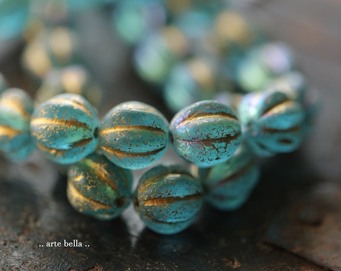 MYSTIC GOLD SKY Melons 12mm .. 5 Premium Etched Czech Glass Melon Beads (9593-st) .. jewelry supplies