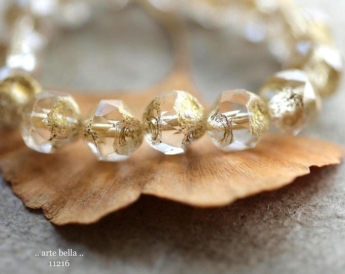 SIMPLY GOLDEN NUGGETS .. New 15 Premium Etched Czech Glass Baroque Central Cut Beads 9mm (11216-st) .. jewelry making supplies