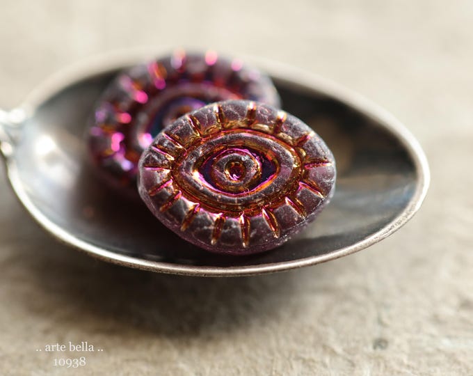 MYSTIC PLUM PEEPERS .. 6 Premium Matte Czech Glass Mystic Eye Beads 14x11mm (10938-6) .. jewelry supplies