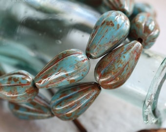 Gocce di melone EARTHY SKY .. 10 perle di melone in vetro ceco Picasso 13 x 8 mm (7983-st) .. forniture per gioielli