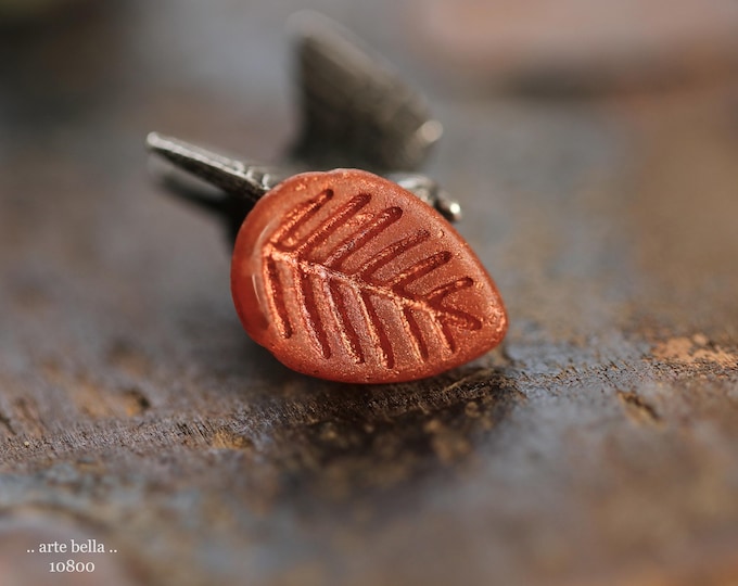 COPPERED AUTUMN LEAVES .. 6 Premium Etched Czech Glass Leaf Beads 12x16mm (10800-6) .. jewelry supplies