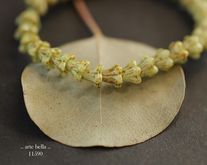 New .. EARTHY PISTACHIO BABY Bells .. 30 Picasso Czech Glass Bell Flower Bead 5x6mm (11590-st) .. jewelry making supplies
