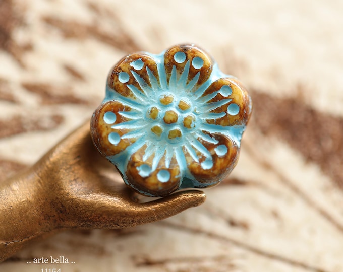 premium glass beads .. BLUE CARAMEL ROSES .. New 6 Czech Picasso Glass Wild Rose Bead Mix 14mm (11154-6) .. jewelry supplies