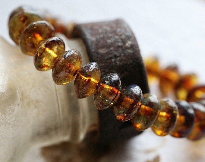 GLOSSY COGNAC SAUCERS .. 25 Premium Picasso Czech Glass Disc Spacer Beads 7x4mm (8372-st)