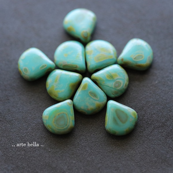 EARTHY TURQUOISE BRIOLETTES .. 10 Premium Picasso Czech Glass Briolette Beads 12x11mm (9458-10) .. jewelry supplies