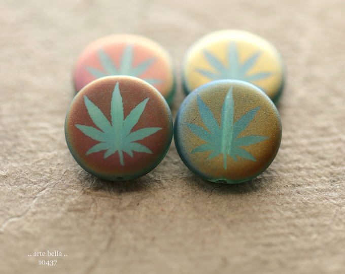 LAGOON CANNABIS LEAF Coins .. New 4 Premium Matte Czech Glass Laser Etched Cannabis Coin Bead Mix 17mm (10437-4)