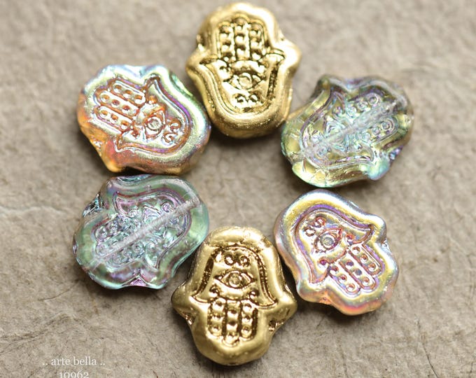 MYSTIC GOLD HAMSA Hand .. New 10 Premium Czech Glass Hamsa Beads 15x10mm (10962-st) .. jewelry supplies