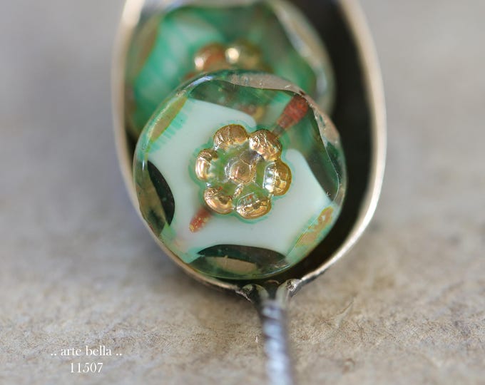 New .. MYSTIC BUDDING GREENS .. 4 Premium Picasso Czech Glass Coin Flower Beads 15mm (11507-4) .. jewelry supplies