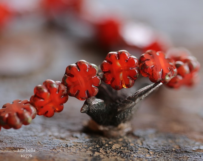 EARTHY LADYBUG CACTUS Blooms .. New 25 Premium Picasso Czech Glass Cactus Flower Beads 9mm (10776-st) .. jewelry supplies