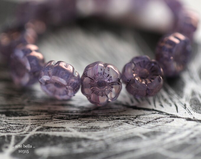 last ones .. BRONZED LAVENDER PANSY 7mm .. 12 Premium Czech Glass Hibiscus Flower Beads (10315-st) .. jewelry supplies