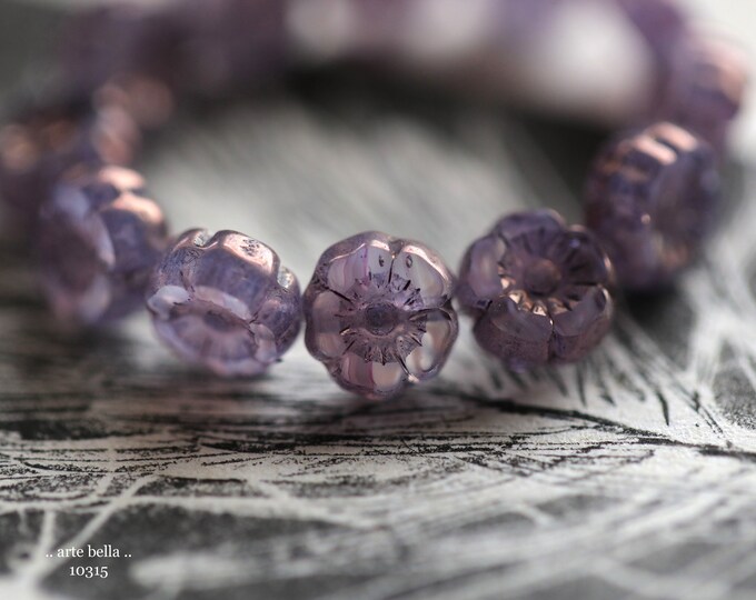 BRONZED LAVENDER PANSY 7mm .. New 12 Premium Czech Glass Hibiscus Flower Beads (10315-st)