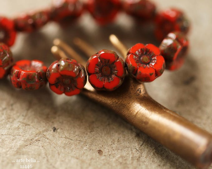 New .. EARTHY CRIMSON PANSY 7mm .. 12 Premium Picasso Czech Glass Petite Hibiscus Flower Beads (11446-st) .. jewelry supplies