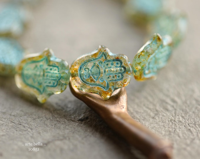 BLUE HONEY HAMSA Hand .. 10 Premium Picasso Czech Glass Hamsa Beads 15x10mm (10851-st) .. jewelry supplies