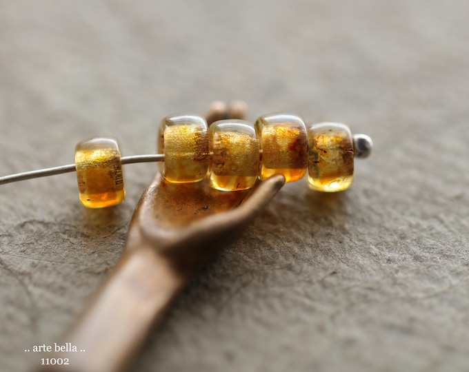 GOLDEN HONEY ROLLERS .. New 40 Premium Picasso Czech Glass Large Hole Roller Beads 4x6mm (11002-40) .. jewelry supplies