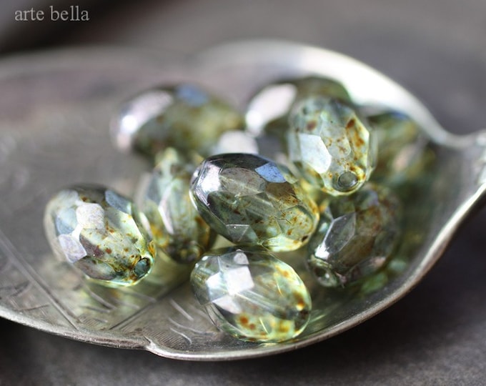 PINE OLIVES .. 10 Premium Luster Picasso Czech Glass Faceted Oval Beads 11x8mm (1823-10) .. jewelry supplies