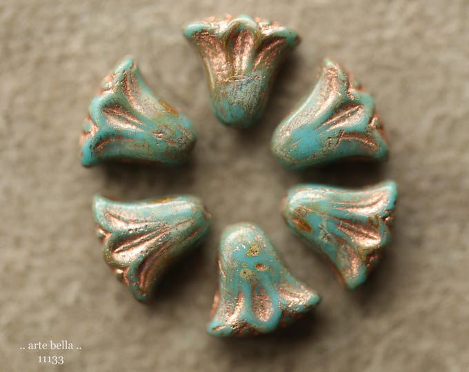 premium glass beads .. COPPER CERULEAN LILIES .. New 10 Picasso Czech Glass Lily Flower Beads 9x10mm (11133-10) .. jewelry supplies