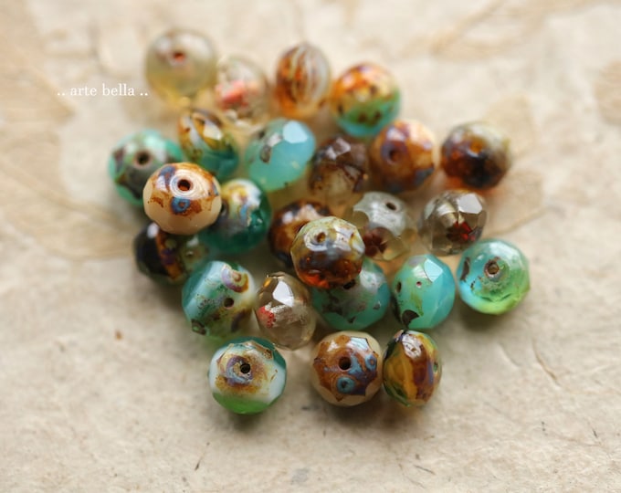 OCEAN BREEZE .. 25 Premium Picasso Czech Glass Mix Rondelle Beads 6x8-9mm (4881-st) .. jewelry supplies