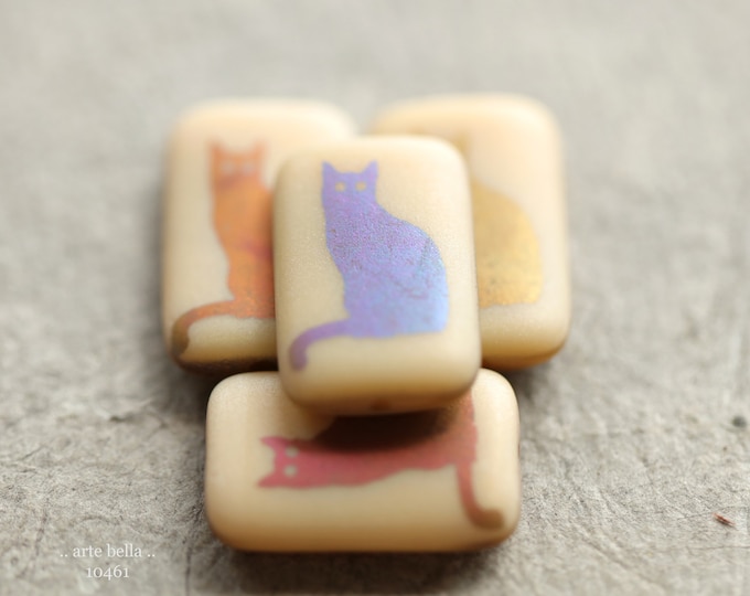 BEIGE CAT REX No. 1 .. New 4 Premium Matte Czech Glass Laser Etched Cat Rectangle Bead Mix 19x12mm (10461-4)