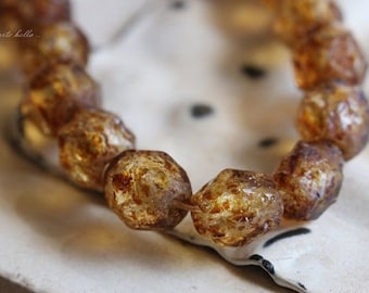 RUSTIC HONEY PEBBLES .. 25 Premium Etched Picasso Czech Glass Faceted Round Beads 6mm (4716-st) .. jewelry supplies