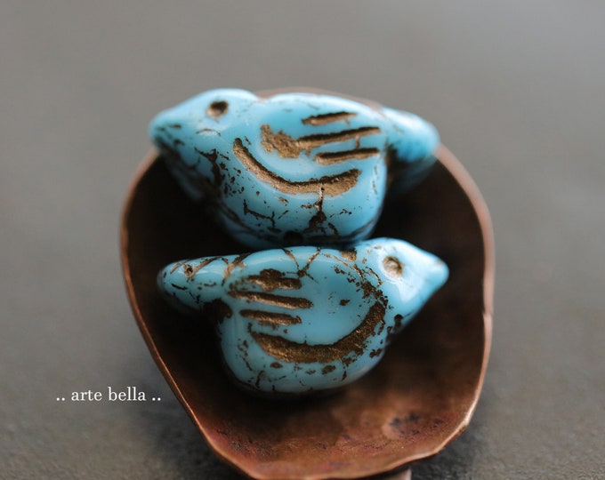 BRONZED SKY CHIRPS .. 6 Premium Czech Glass Bird Beads 11x22mm (9557-6)